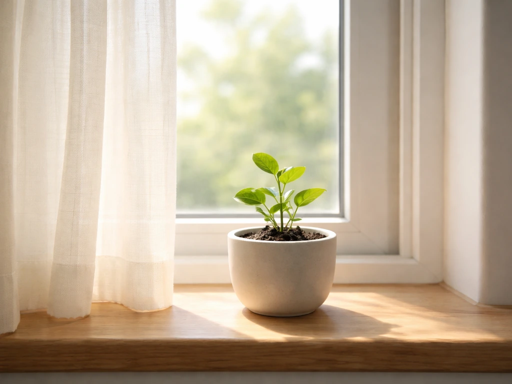 Small planter near a bright window with soft indirect sunlight through sheer curtains.