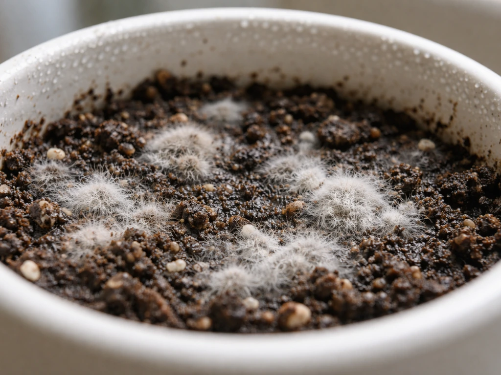 Close-up of white-gray fuzzy mold on wet growing medium with condensation droplets and no people.