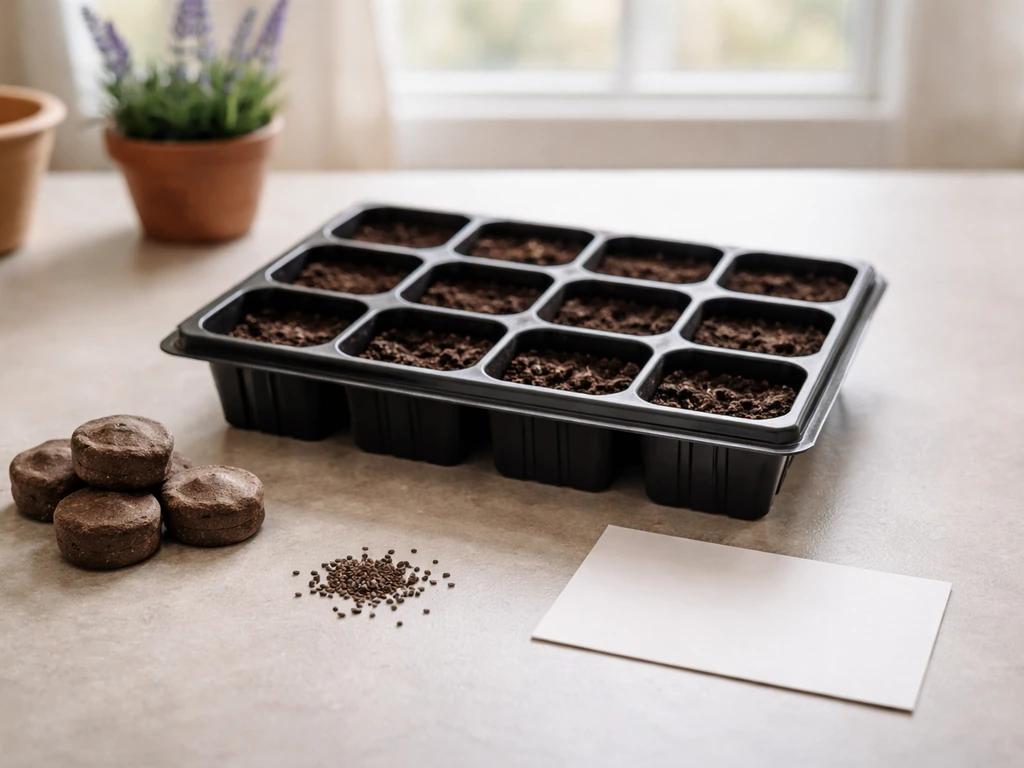 Lavender seed-starting kit components laid out neatly on a table: tray cells, pellets, seeds, and small instruction card