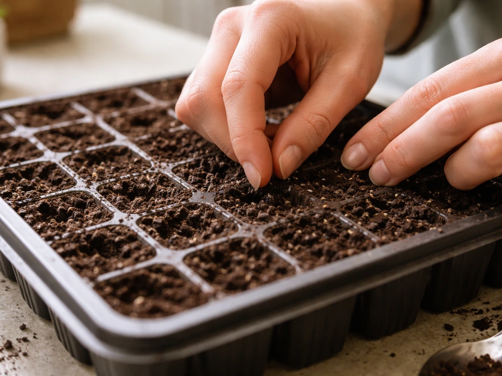 Hands placing lavender seeds into seed-starting cells in a tray, lightly covering them with soil.