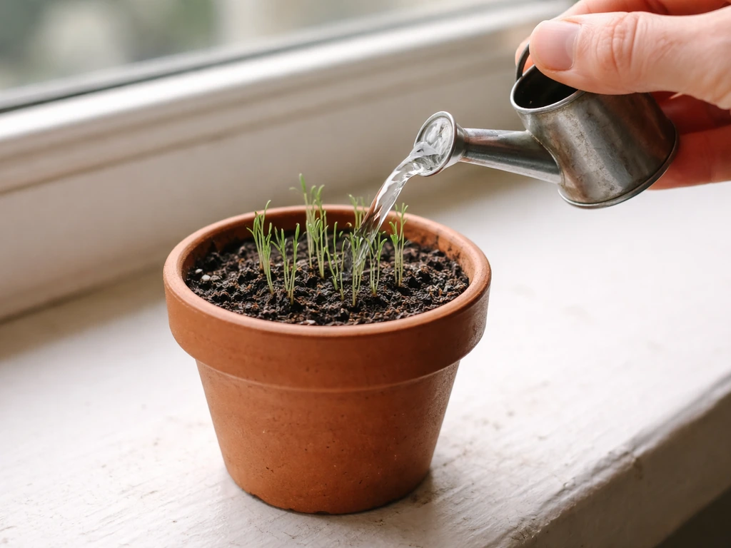 Hand watering lavender seedlings in a small pot; soil moist, no pooling or dripping from drainage.