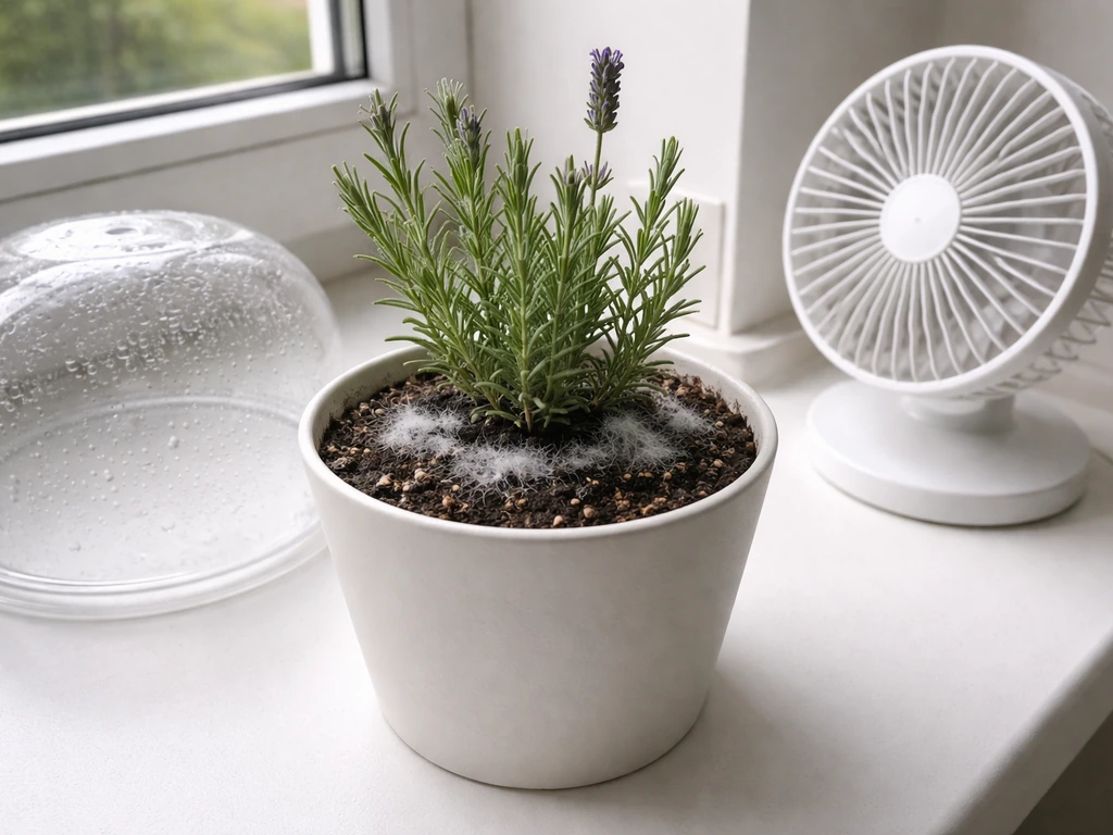 White fuzzy mold on potting soil surface next to a removed humidity dome and small fan for airflow