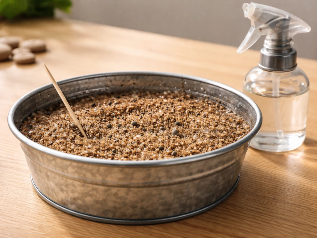 Mini galvanized basin with hydrated growing medium and tiny cactus seeds, with tools for sowing and watering.