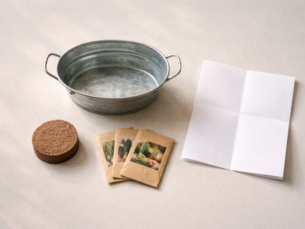 Overhead view of a cactus grow kit laid out: mini galvanized basin, medium disc, seeds, and instruction sheet.