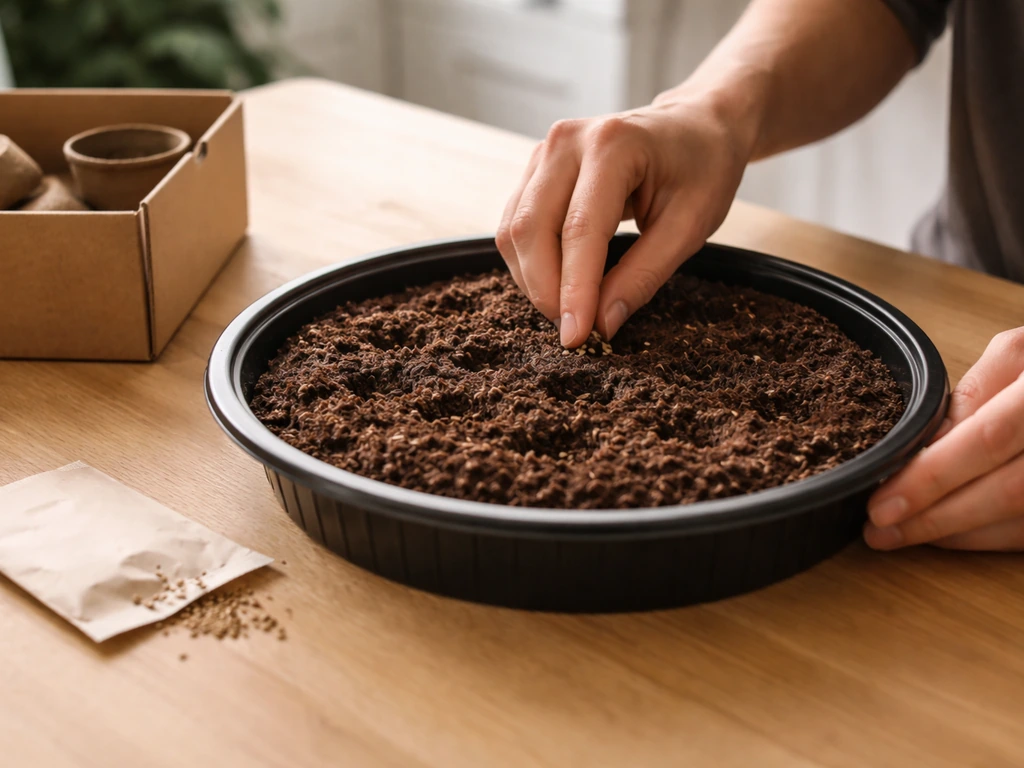 Kitchen table unboxing setup with open basin, hydrated growing medium, and seeds being sown.