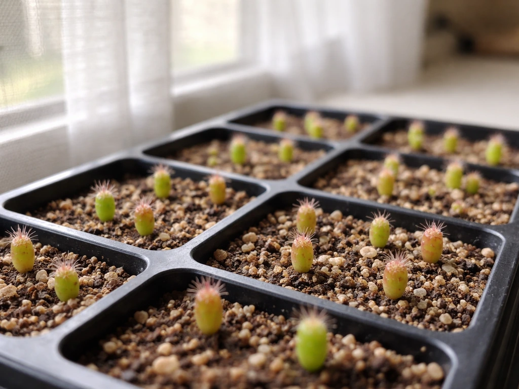 Compact cactus seedlings under bright window light in a simple seed tray setup.