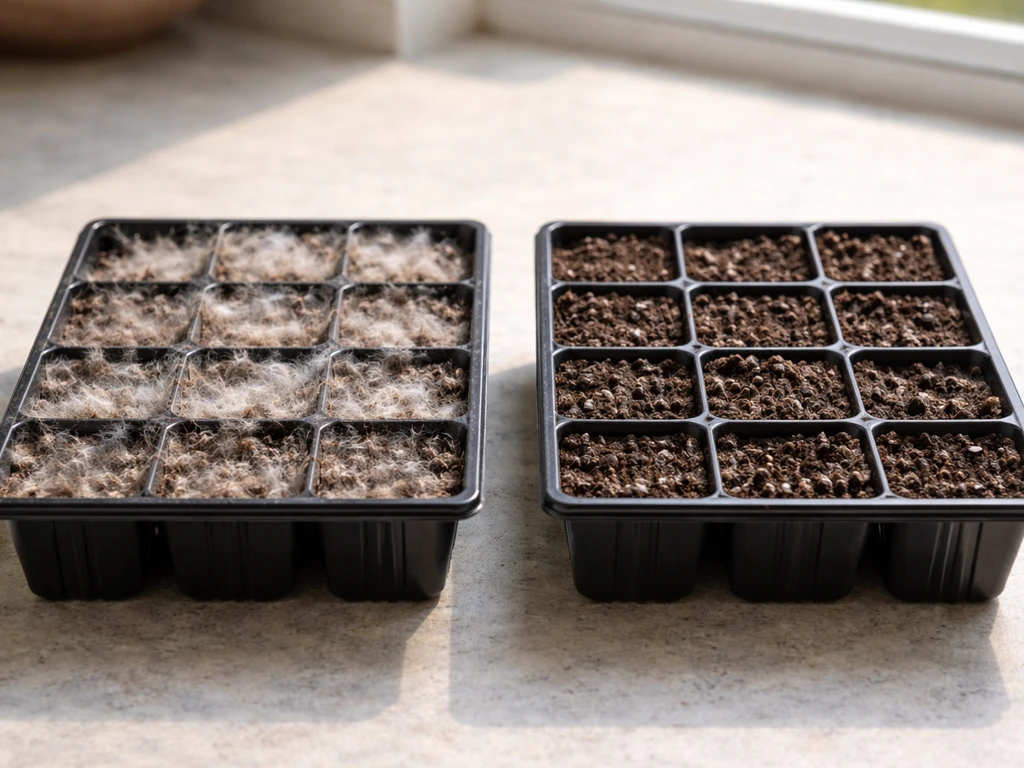 Two seed-starting trays: left shows white-gray mold fuzz, right shows clean dry soil surface.
