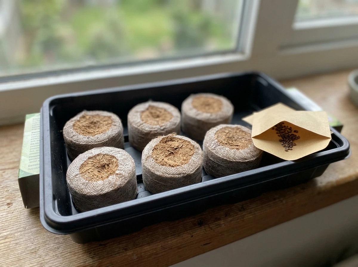 Compressed coir/peat grow capsules in a tray, with seeds/pieces set next to them.