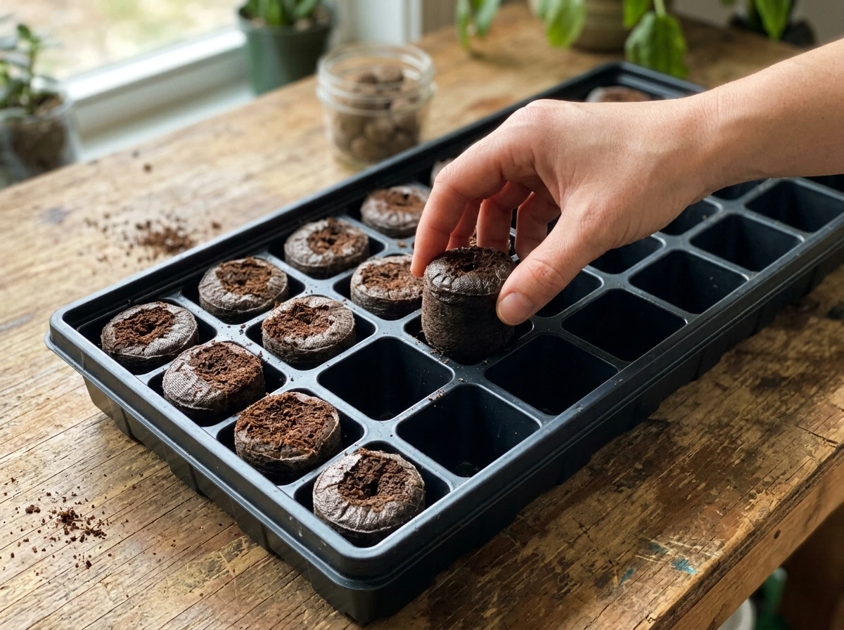 Hand placing plant grow capsules into a shallow tray with mesh/netting side down.