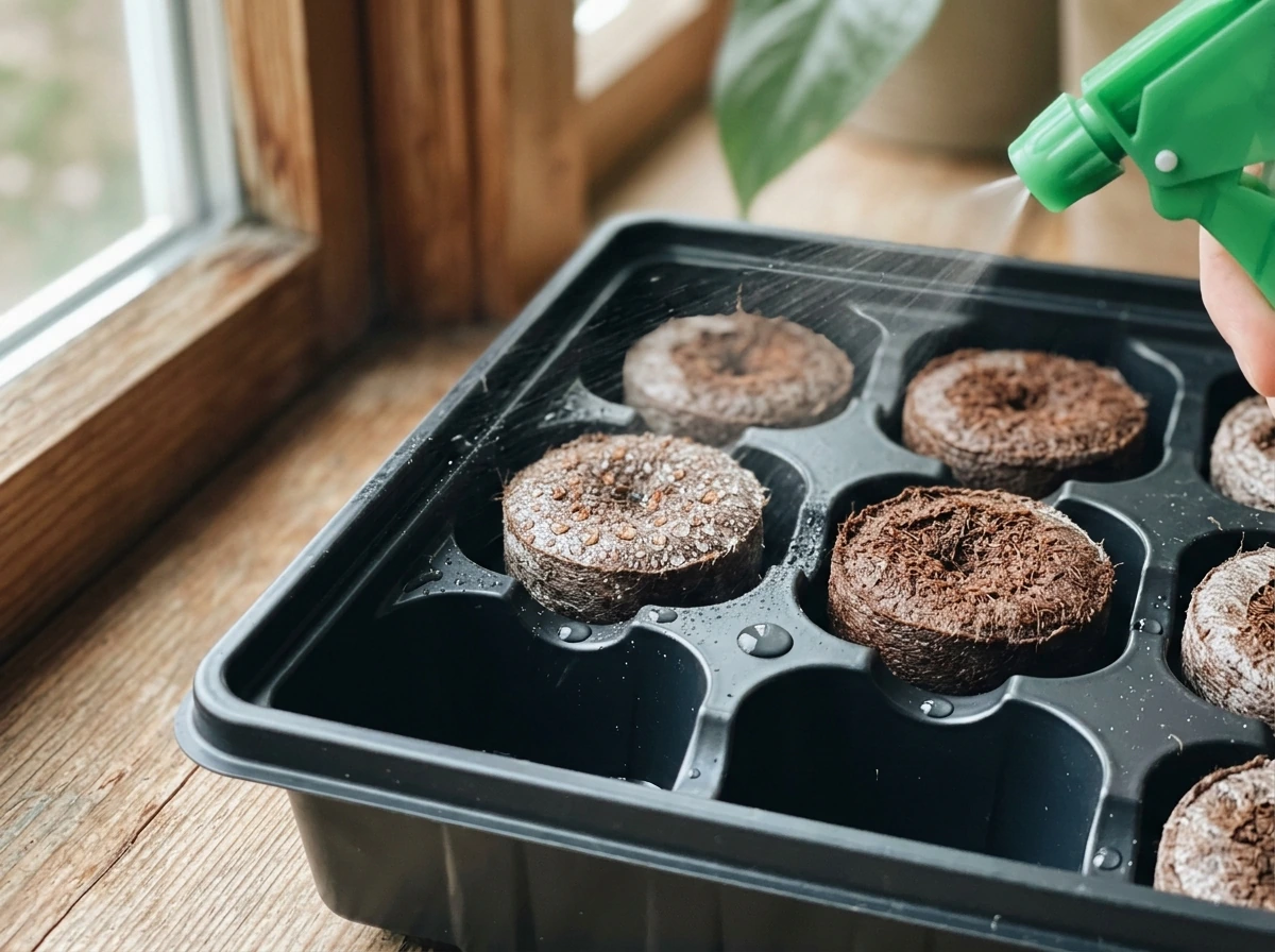 Spray bottle misting coir discs so the medium stays moist, not soaking.