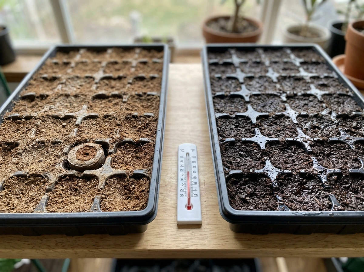Two grow trays showing moisture/temperature differences related to no germination.