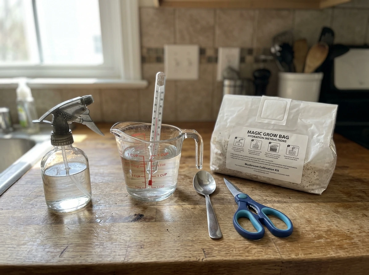 Tools for setting up a magic grow bag: lukewarm water, measuring cup, thermometer, and spray bottle