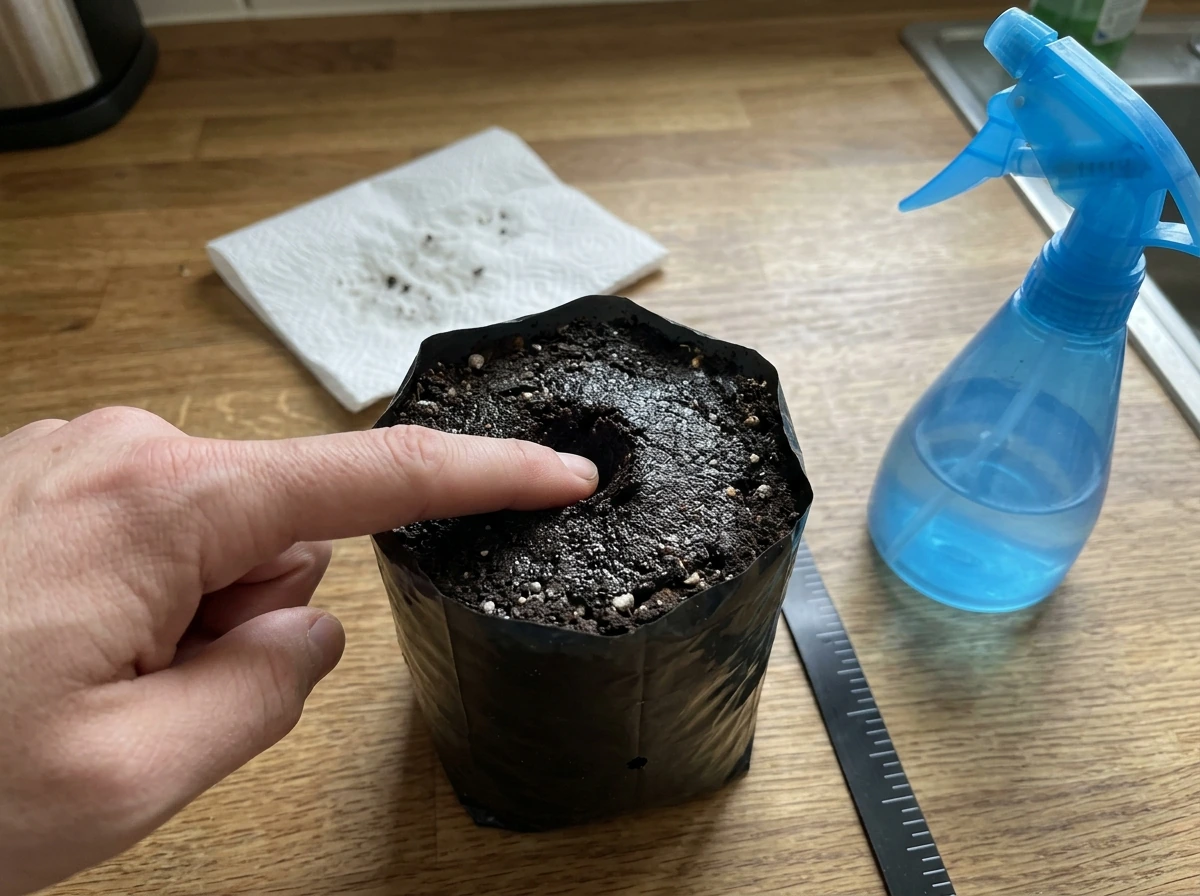 Checking moisture and avoiding overwatering in a magic grow bag by finger-testing the soil