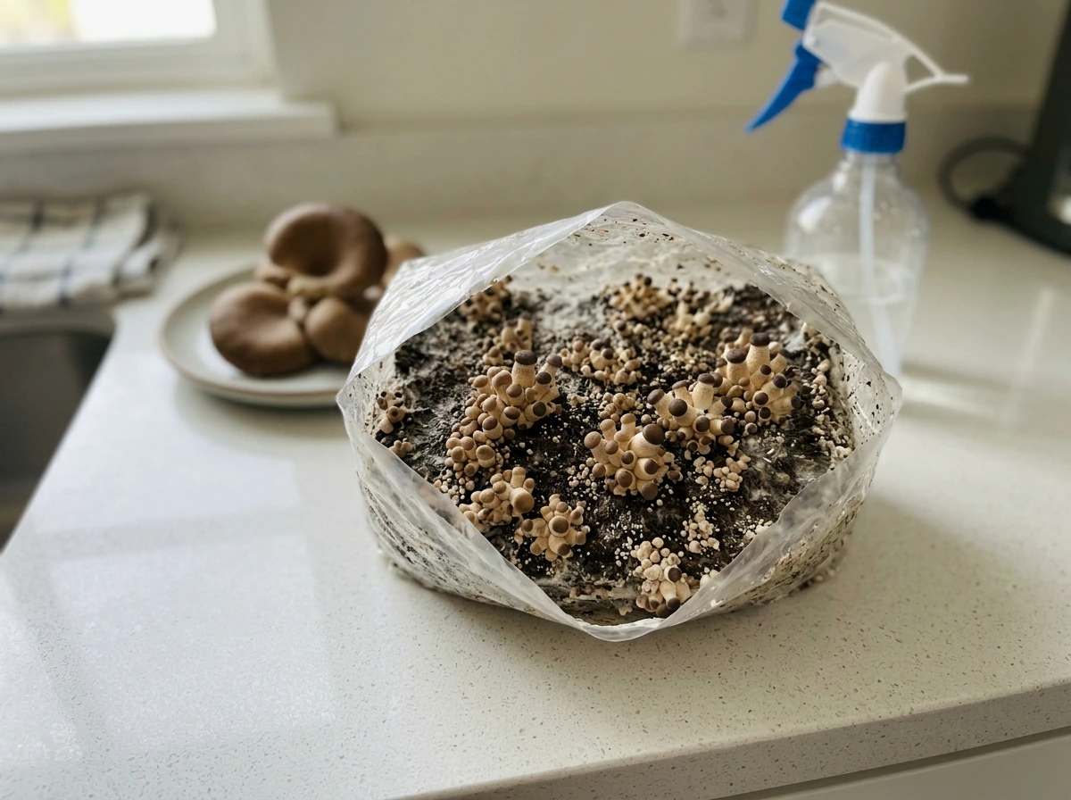 Mushroom flush timeline: small pins forming and harvested mushrooms in one scene