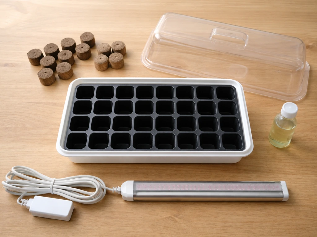 Top-down layout of seed-starting kit parts: tray, clear dome, media pucks, grow light, and nutrients.