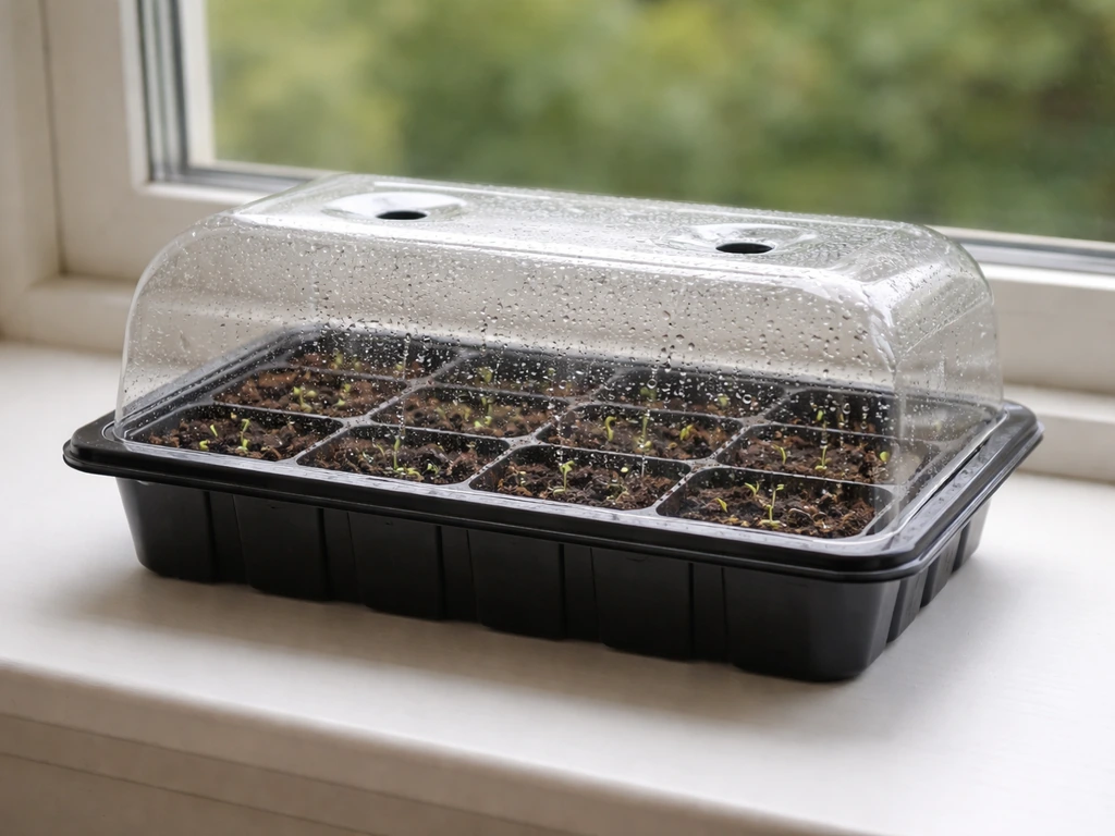 Seed tray covered by a clear dome with misty soil and condensation beads on a windowsill.