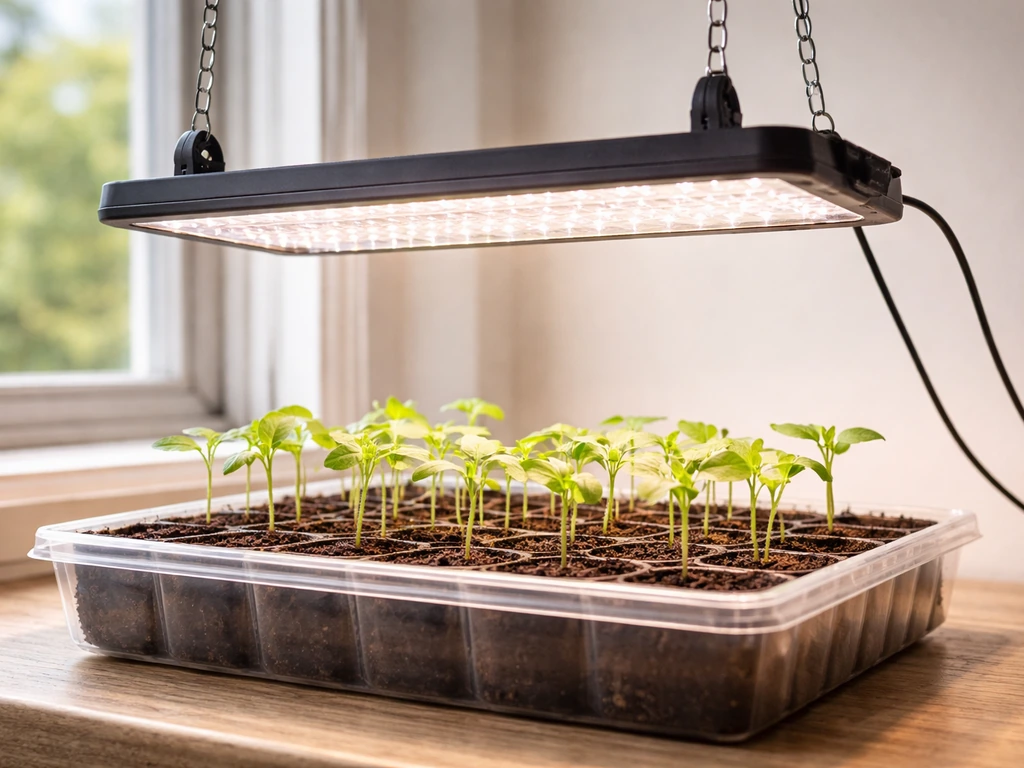 Green seedlings under a grow light, light positioned 2–4 inches above the canopy with a simple tray setup.
