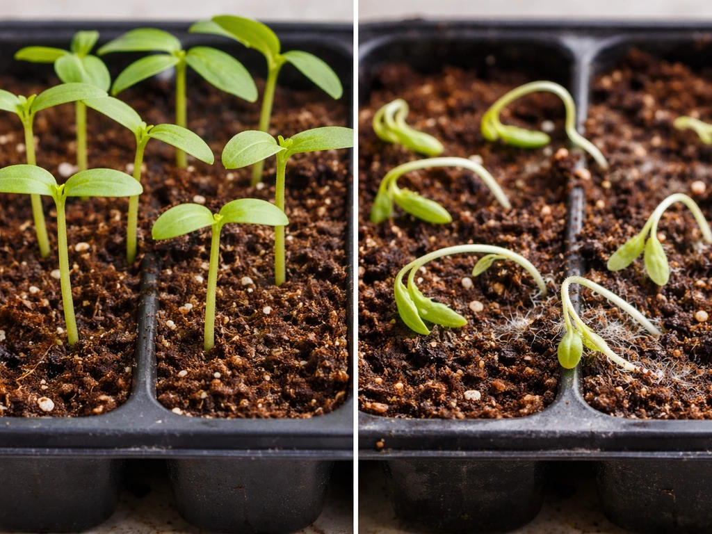 Side-by-side tray of healthy seedlings vs damping-off seedlings collapsed at the base