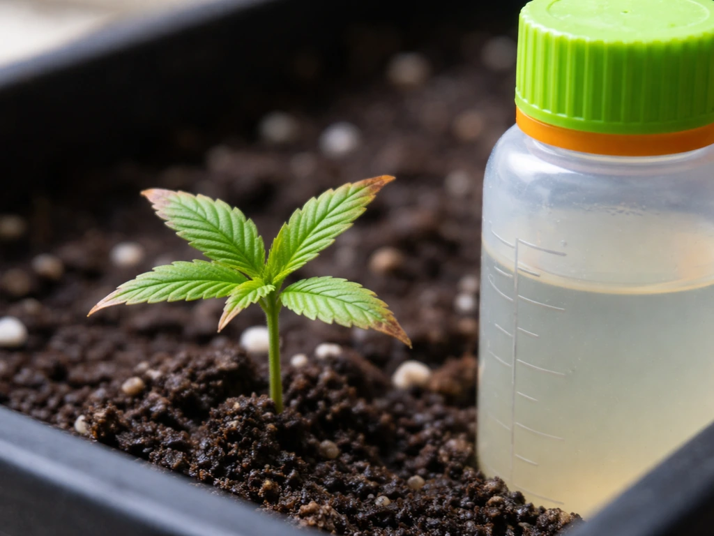 Close-up of a seedling with leaf-tip burn and a nutrient bottle indicating proper vs too-strong dilution