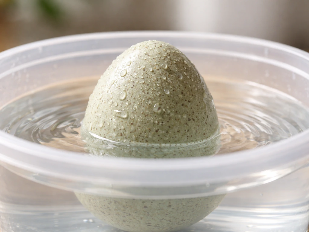 Close-up of a water-activated dinosaur egg partially submerged in a clear container with soft ripples.