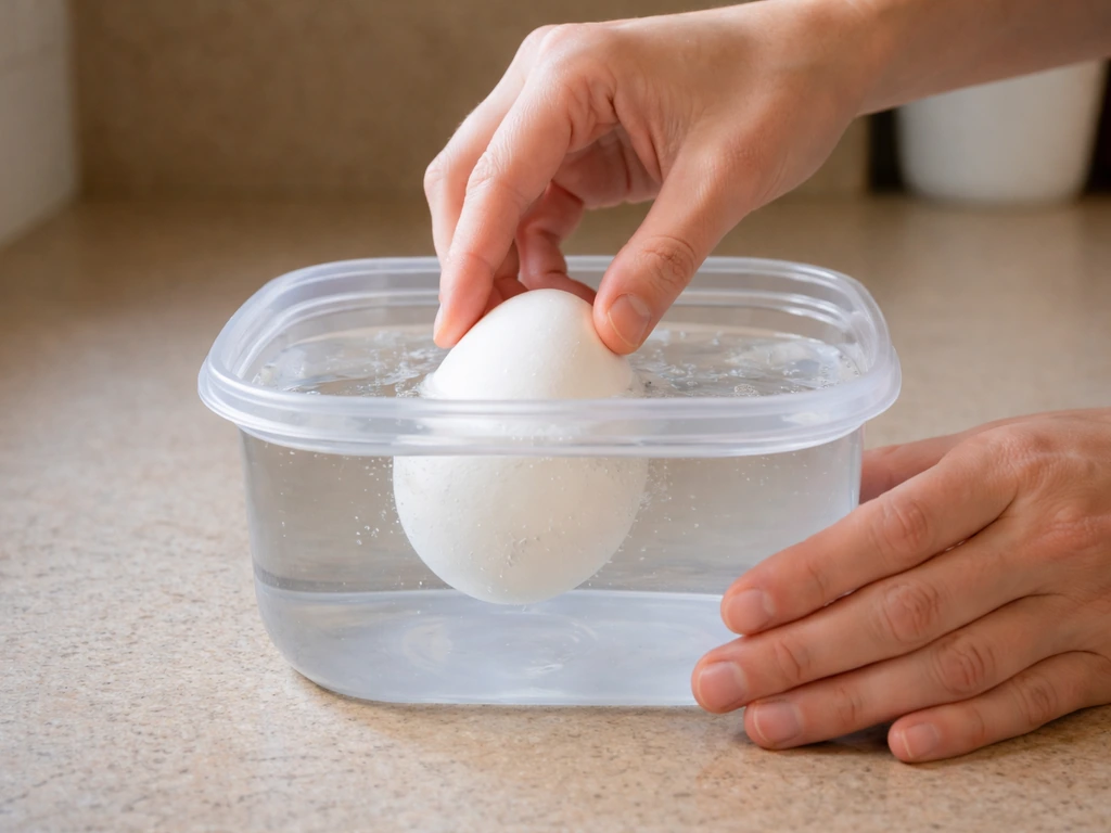 Hands submerge a single egg in a clear container filled with water, water line clearly visible