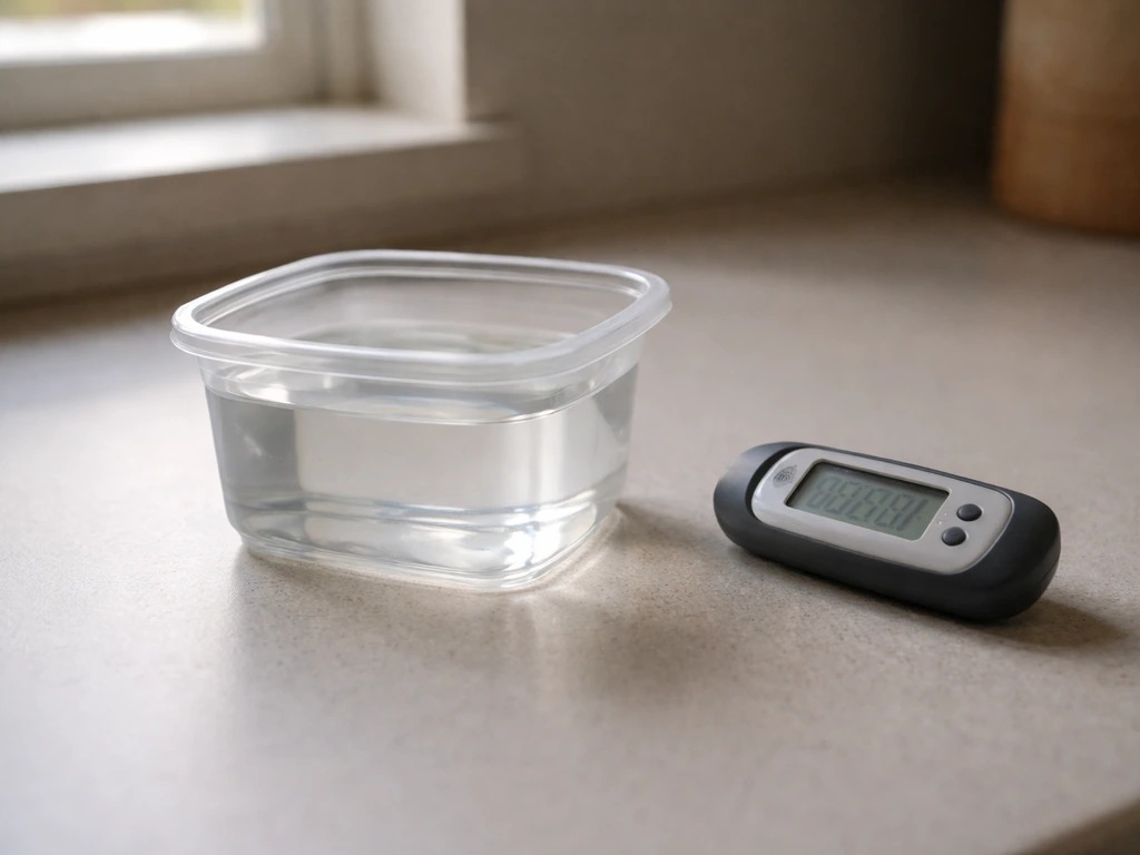 Digital thermometer beside a clear water container on a shaded tabletop, indicating safe room-temperature range.
