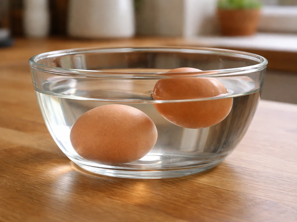 Two eggs in water: one fully submerged and one barely above the waterline for incorrect submersion comparison.