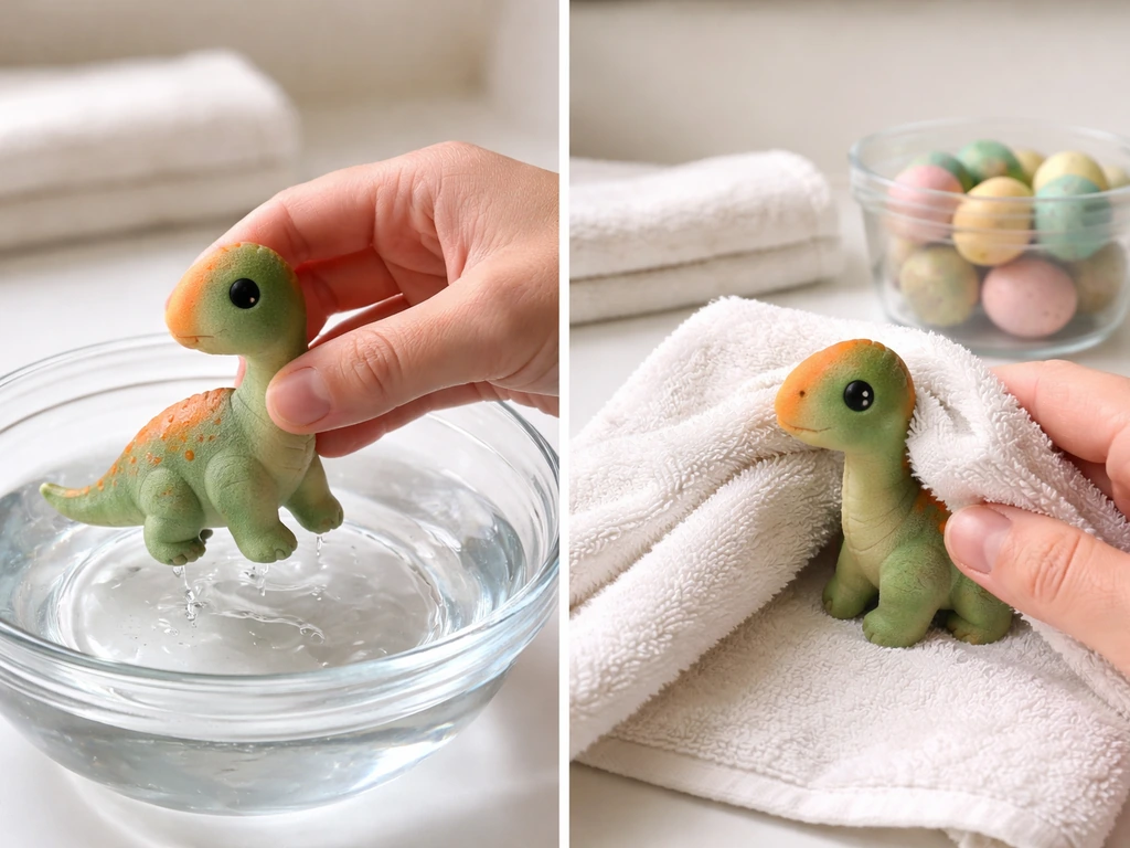 Hand lifts a soft dinosaur from water onto a towel, with extra eggs nearby in a clean setup.