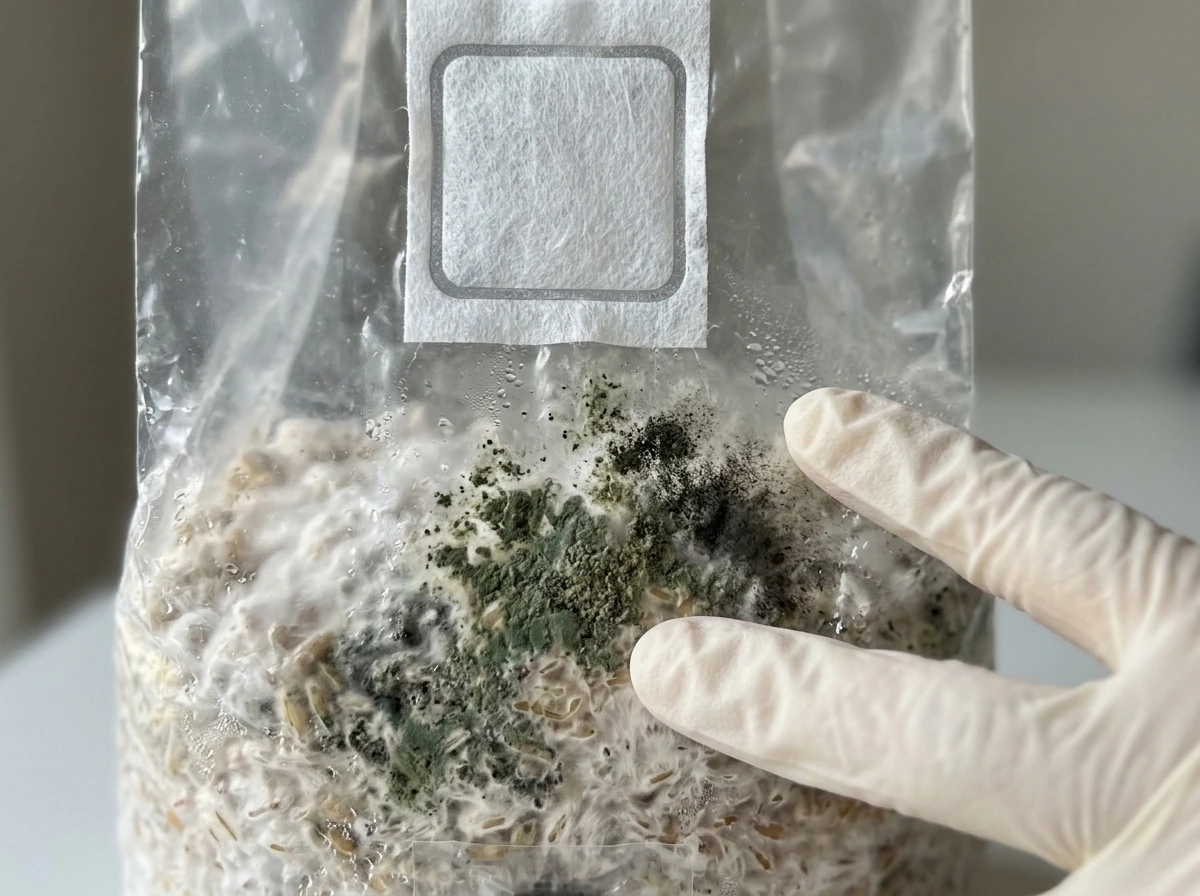 Close-up of green/black contamination on an all-in-one grow bag