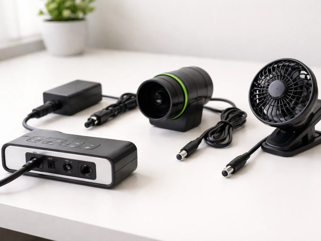Controller power input port shown with compatible power adapter and fan connectors laid out beside it.