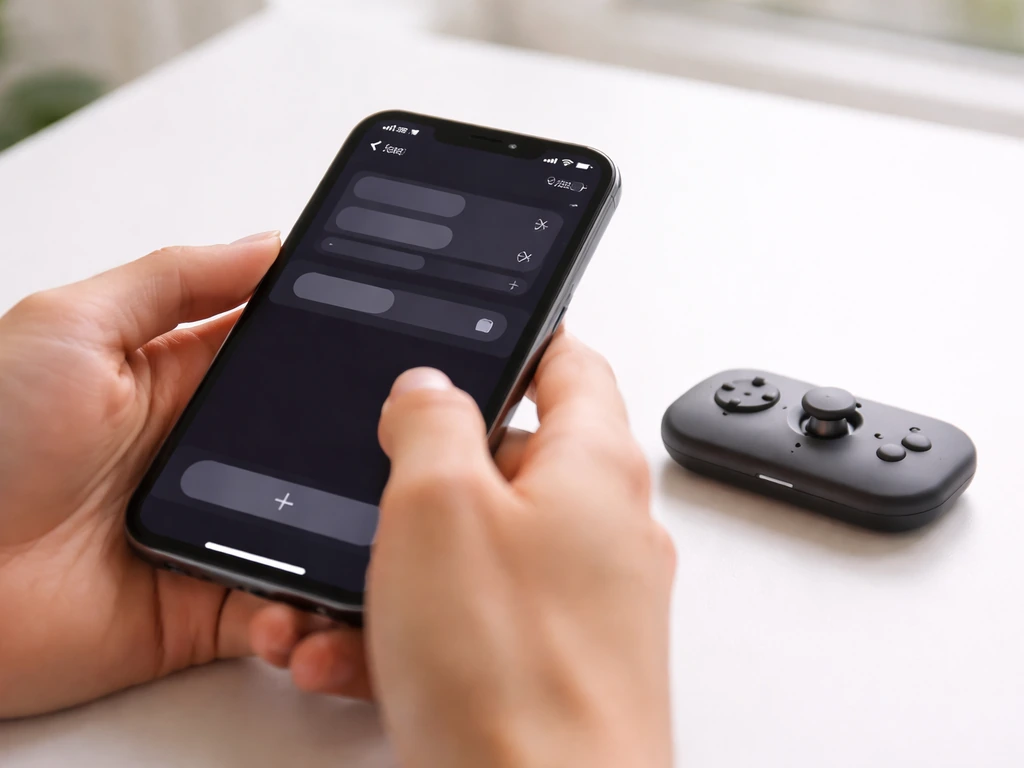 iPhone on a desk showing an app pairing screen with a nearby wireless controller accessory.