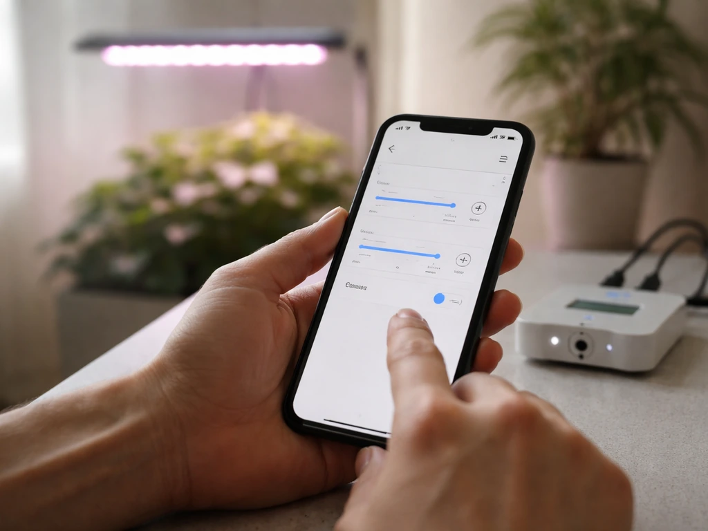 Hands adjusting a grow light app on a phone, showing intensity and on/off scheduling controls.