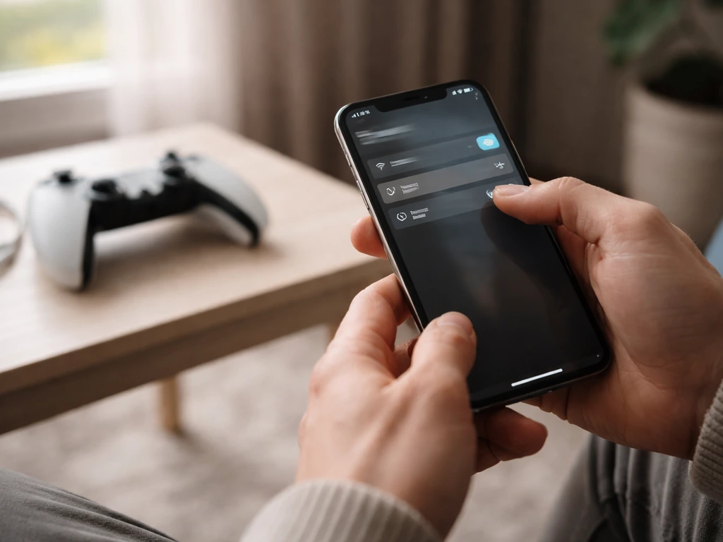 Hands show a smartphone Wi‑Fi settings screen with 2.4 GHz selected and Bluetooth on; controller nearby.