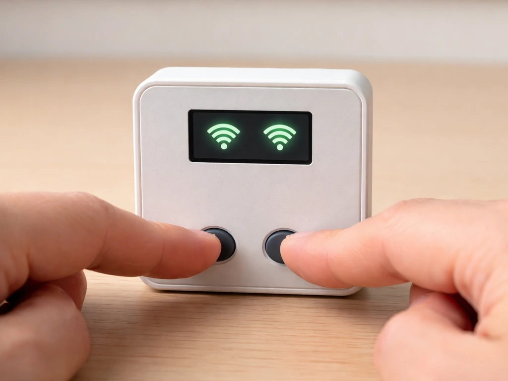 Close-up of a Wi‑Fi controller with LCD on while two reset/re-pair buttons are held down.