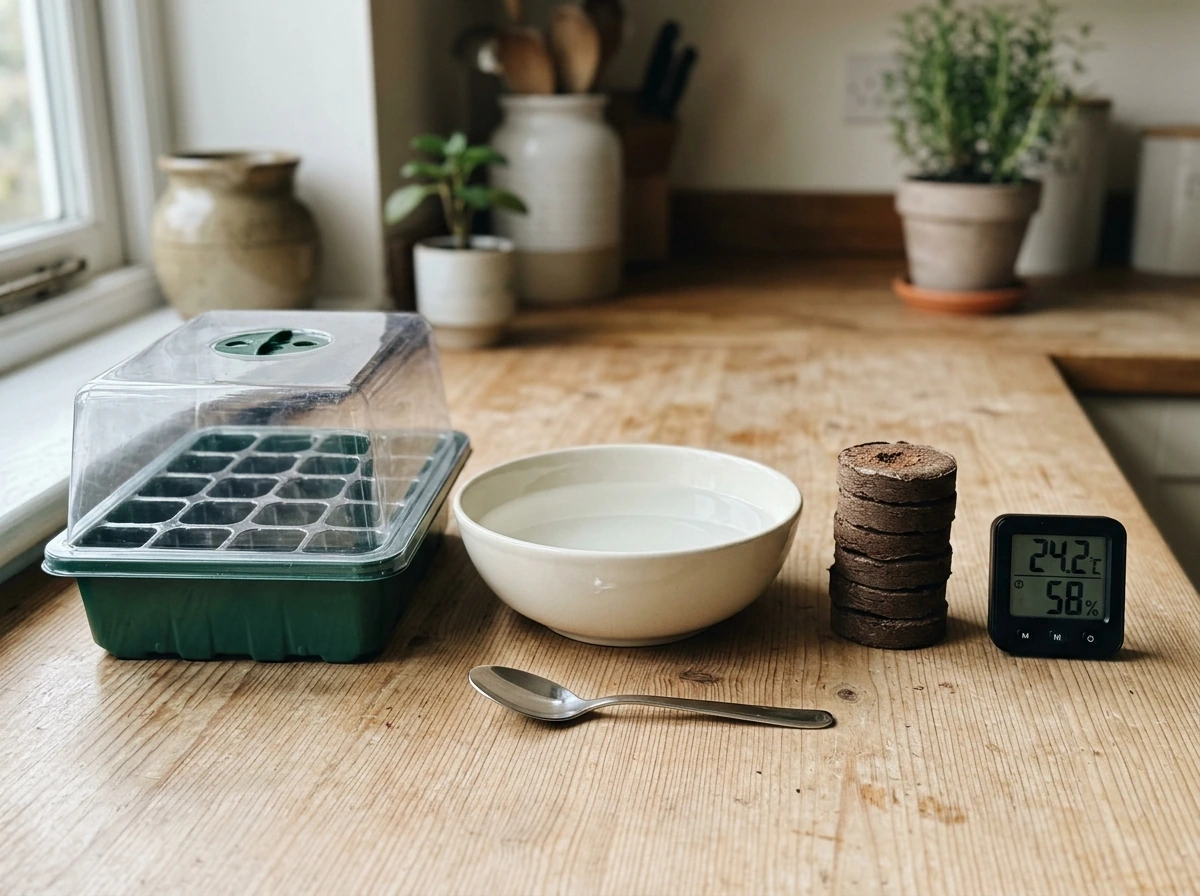 Materials laid out before dip-and-grow: tray, plugs, water bowl, spoon, and safety tools.