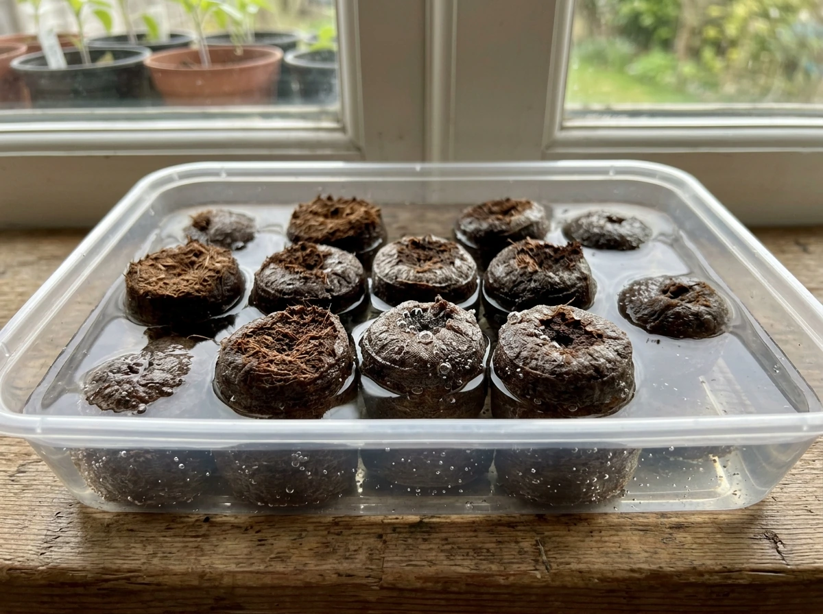 Coco-coir plugs expanding while submerged in cool water.