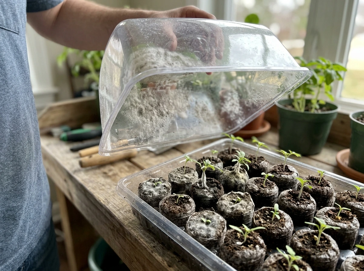 Mold or fuzzy growth visible on plugs and inside a humidity dome.