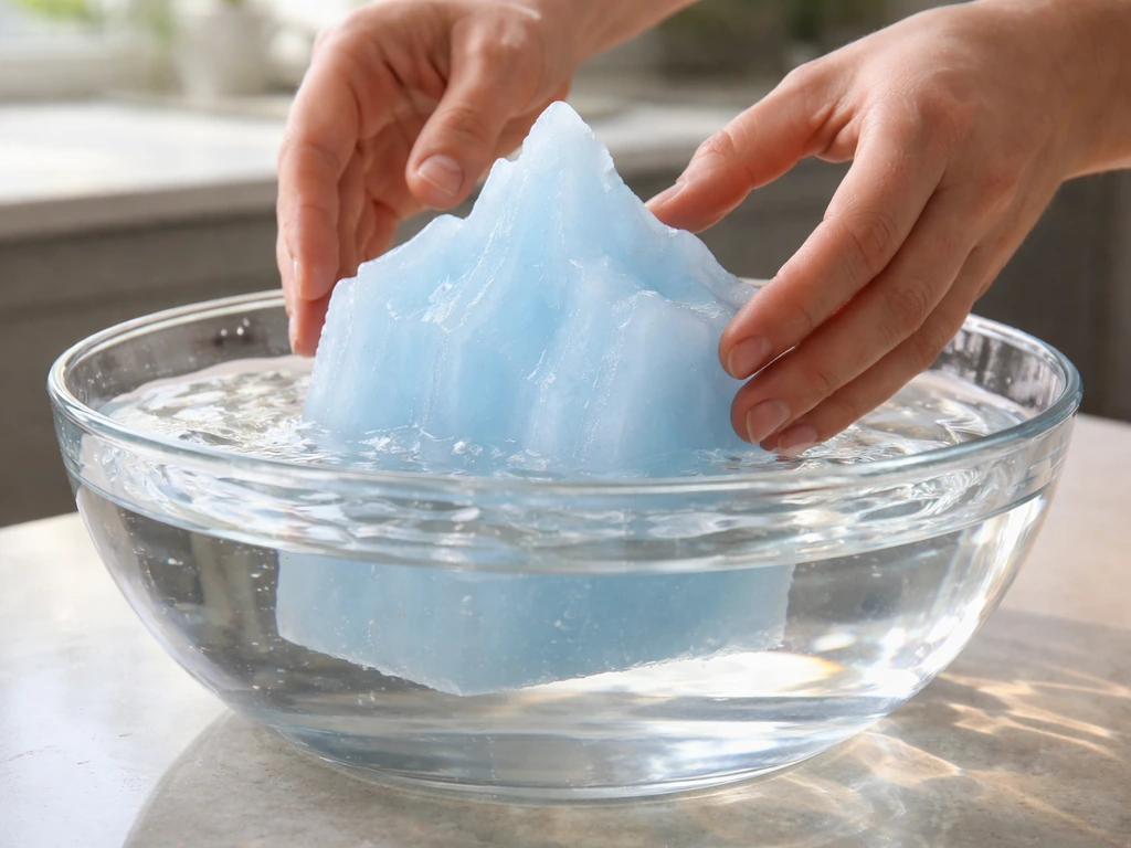 Pale blue iceberg ice block being placed into a glass bowl of room-temperature water on a kitchen counter.