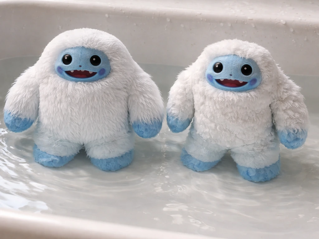 Two anonymous yeti water-expansion toys in a tub: one fully grown, one under-expanded and uneven.