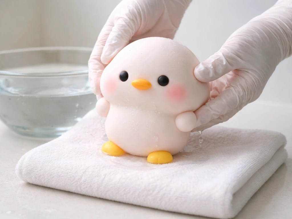 Close-up of a soft expanded inflatable figure lifted from water and placed on a towel to dry.