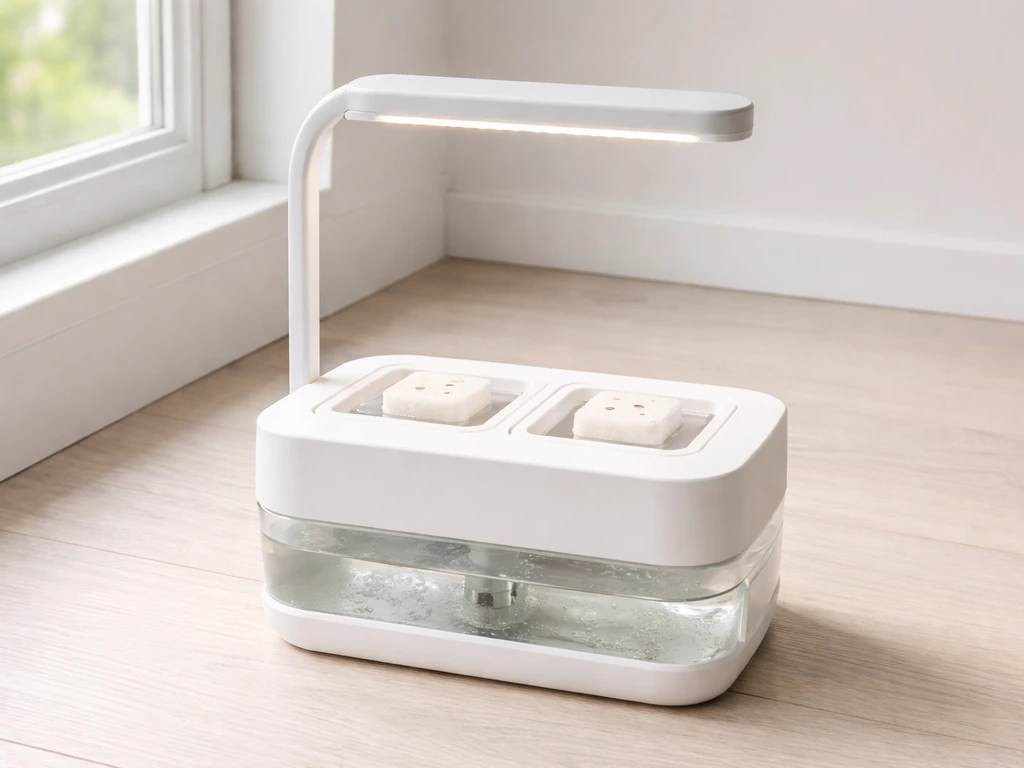 Indoor hydroponic grow kit with reservoir water and exposed seed sponges under an LED light arm.