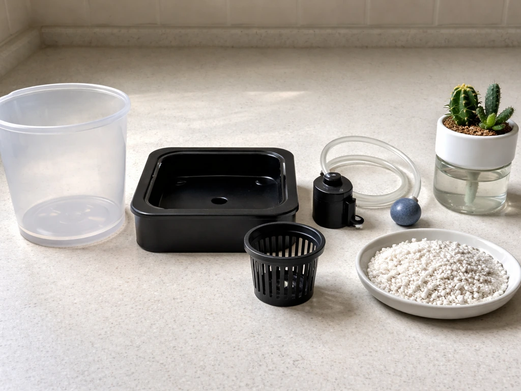 Close-up of different Back to the Roots hydroponic kit parts laid out on a table for easy matching.