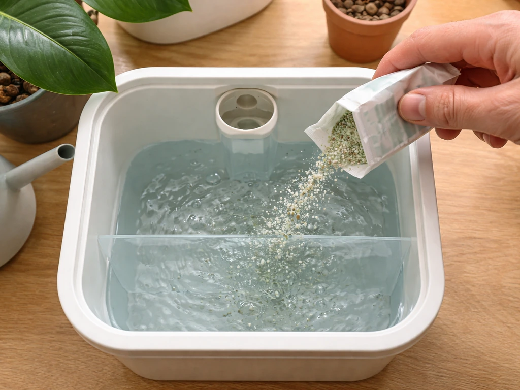 Top-down view of a reservoir being filled and a pre-dosed plant food sachet poured in.
