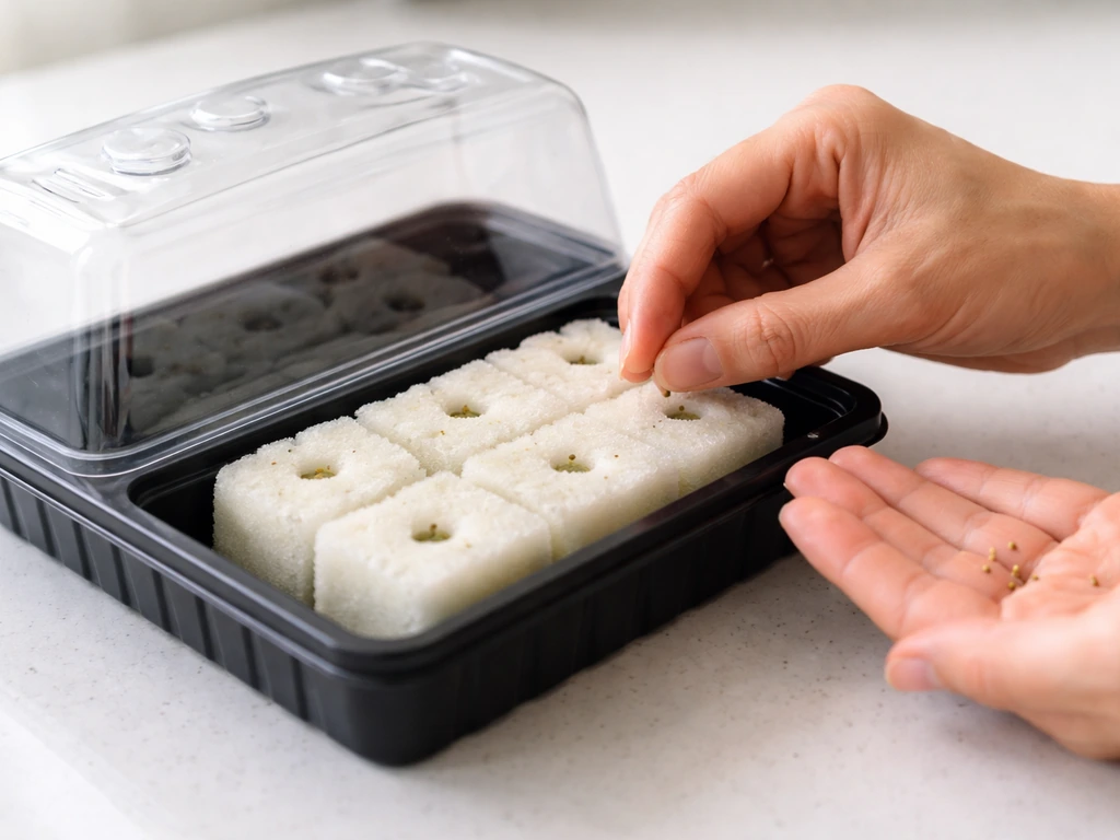 Top-down view of seeds being placed into seed sponge holes under a clear germination dome.