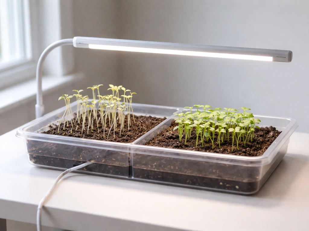 Split view of seedlings: leggy pale plants on one side and compact healthy seedlings on the other.