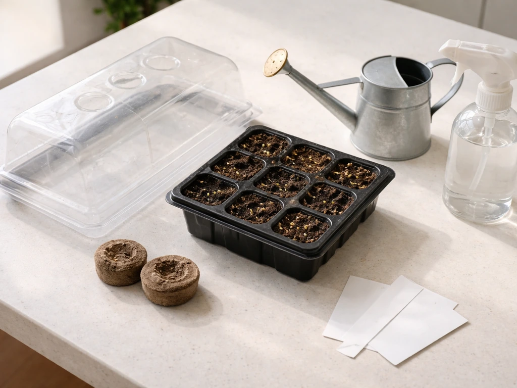 Cherry blossom grow kit setup on a table: coir pellets, seed tray, clear dome, and watering tools