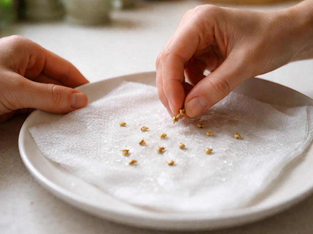 Hands placing soaked seeds onto a damp paper towel for seed germination prep in a home kitchen.