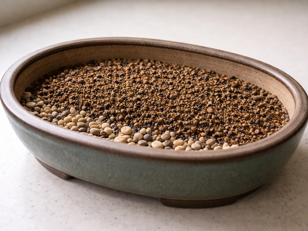 Ceramic bonsai pot with layered pebbles for drainage and bonsai mix filled near the rim.