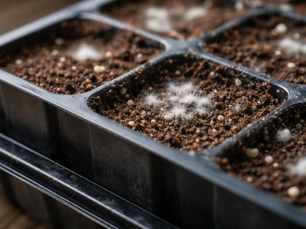 Close-up of white fuzzy mold on damp soil with the humidity dome removed, top layer starting to dry