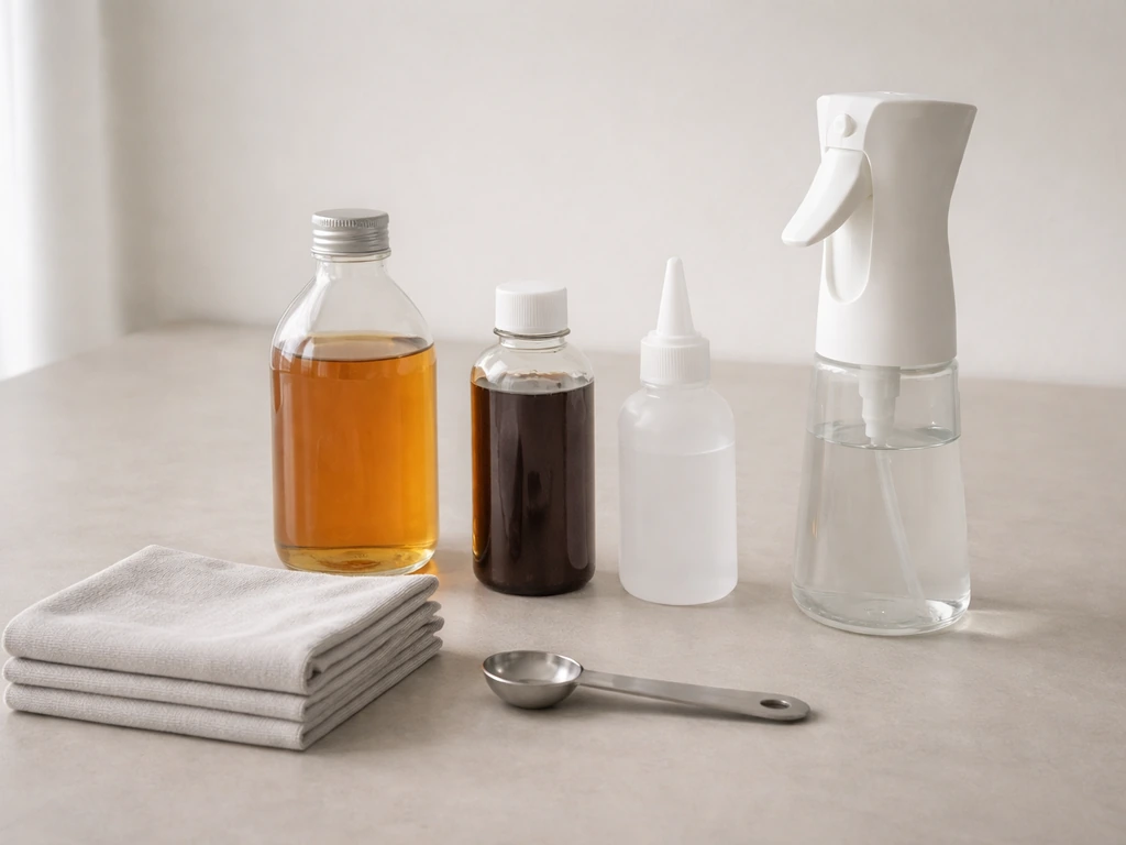Nutrients bottles and a clean fine-mist sprayer neatly laid out on a work surface, ready to mix and use.
